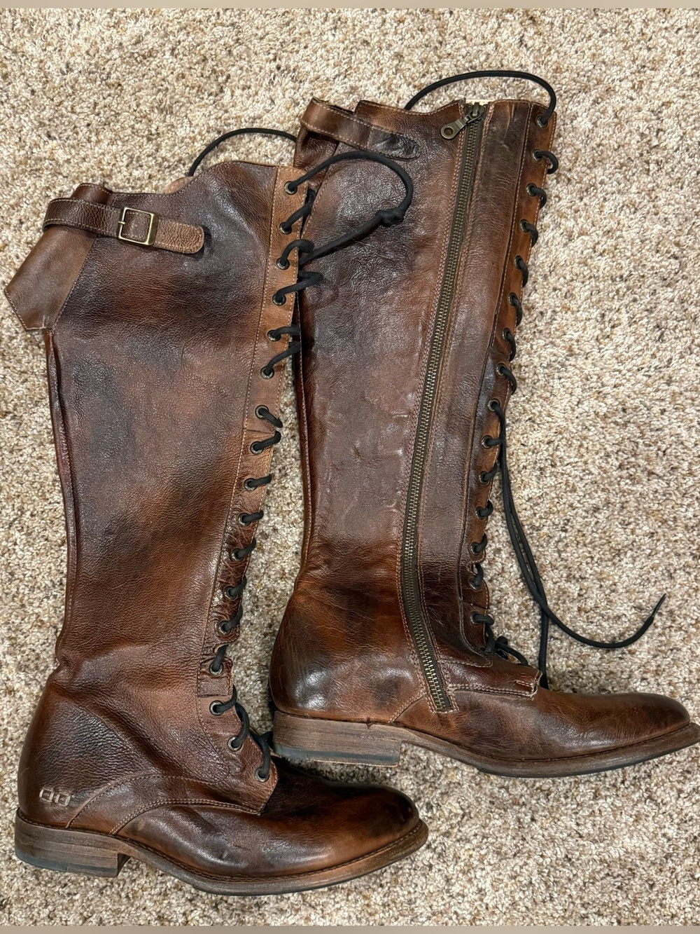BED STU Della Tall Lace Up Zip Knee High Boots Brown Leather Distressed Size 8